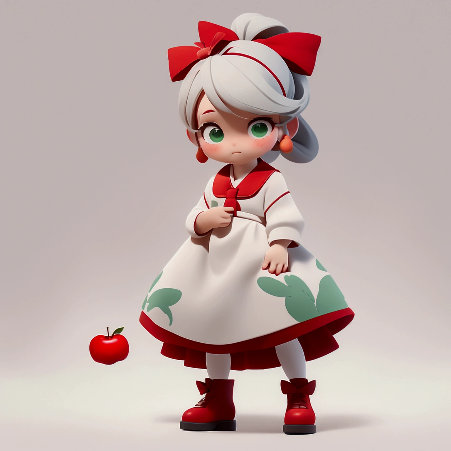 head: This character has long light gray hair tied up with a red bow on both sides. The character&#39;s eyes are bright red with a slight sparkle and red cheeks. Clothing: The character wears a white vest with a light green collar and sleeves, with a green apple embroidered on it, and a red stripe decorating the hem of the shirt. Dress: The skirt has red and white patterns and a white border at the bottom. Shoes.: The shoes are white ankle boots with a red trim on the top. The pose and mood.: The character looks sad or emotional, with both hands clenched tightly and apples falling on the ground around them.