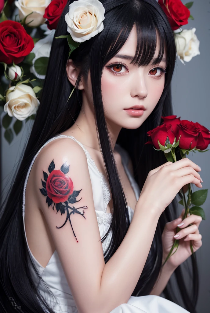 hair ornaments、earrings、(red rose tattoo:1.2)、(Gothic punk sexy and tight leather fashion), ((13-year-old girl)), alone,、highest quality, realistic, Super delicate illustration, Beautiful and charming girl,( slender body), wolf cut hair, one girl, girl pictures, full body shot, beautiful blue eyes, looked back,ear nipple rings、薔薇のhair ornaments、jewels scattered on clothes、(innocent face)、(very small breasts)、beautiful five fingered hand、