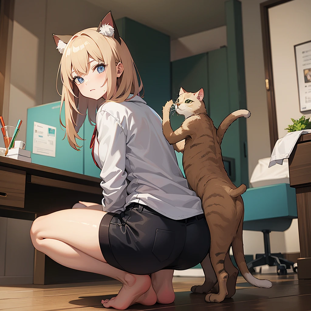 White hair, blue_eyes, lightblue t-shirt, Black short pants, anthrofur, furry girl, anthro_domestic_cat girl, gray tabby cat, modern house,3DMM
