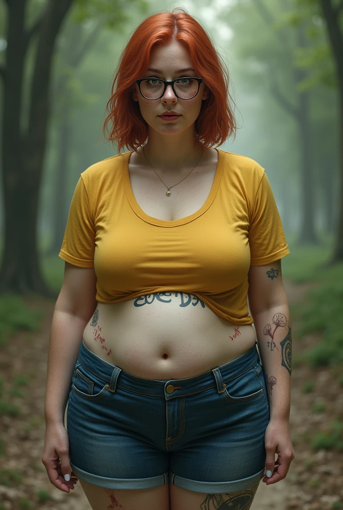 solo, human, waist up, farm girl, female, solo, blue eyes, cleavage, straw hat, long twin braids, orange hair, bronze round glasses, small thin silver necklace with a turquoise stone, overalls, suspenders, yellow frilly shirt, ((freckled skin, lots of freckles on breasts)), large breasts, ((small scars on body, acne scarred skin))