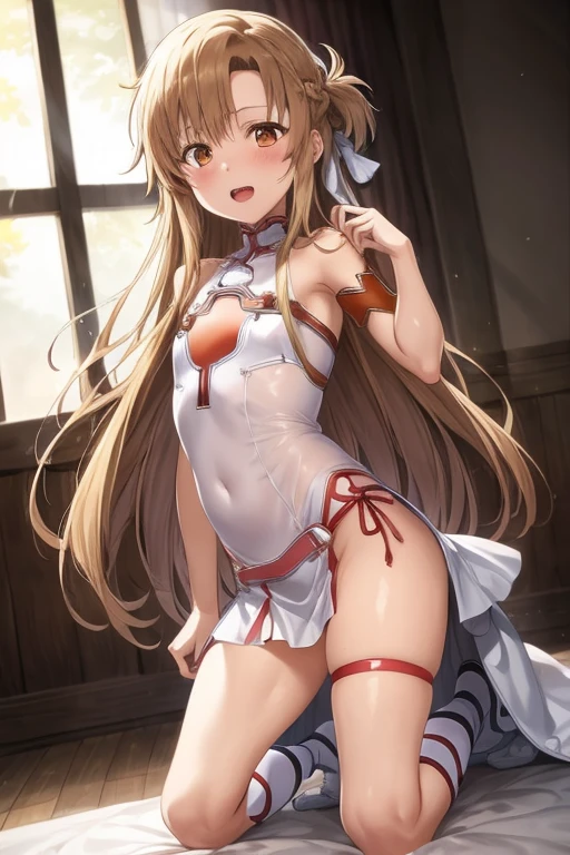 ((Best Quality)), ((masterpiece)), (be familiar with), Perfect Face, indoor, bedroom, Watching the audience,
One woman, Yuuki Asuna,
Open Mouth, Ecstatic expression, blush, smile,
Small breasts, Flat Chest, , , child, Girl,
Long Hair, Long Hair,
Leg spread,