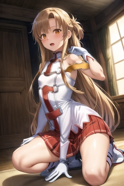 ((Best Quality)), ((masterpiece)), (be familiar with), Perfect Face, indoor, bedroom, Watching the audience,
One woman, Yuuki Asuna,
Open Mouth, Ecstatic expression, blush, smile,
Small breasts, Flat Chest, , , child, Girl,
Long Hair, Long Hair,
Leg spread,