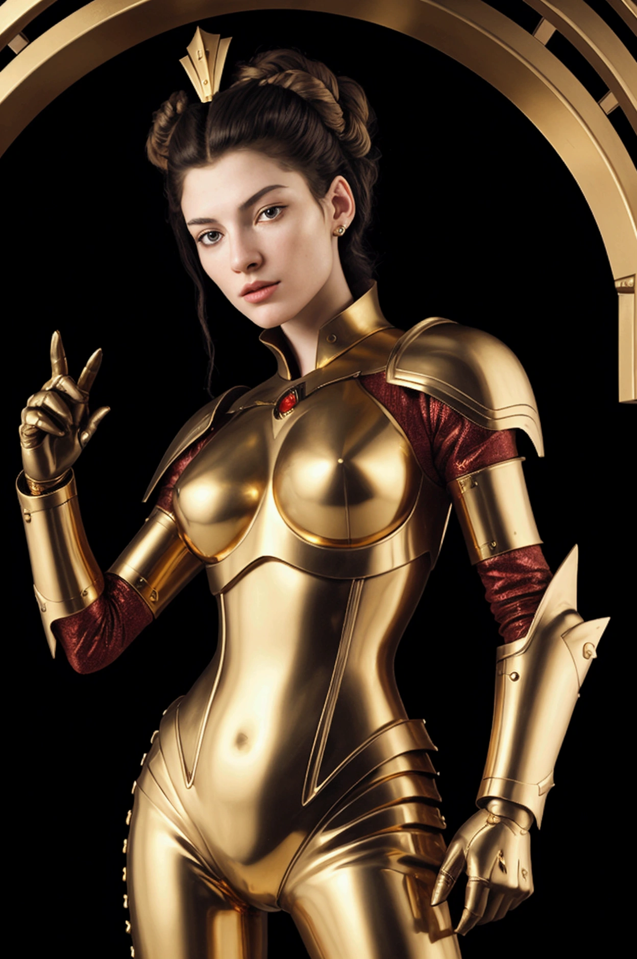 caravaggio painting; high contrast; red rising book series; virginia au augustus; beautiful woman, gold hair; shining gold eyes; leader of big spaceship feet; gold futuristic armor with red details; futuristic godess warrior; high-tech armor
