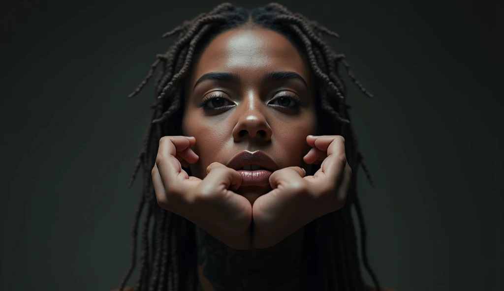 african woman, young, naked, red dreadlocks, septum piercing, dimples, thick belt around neck, naughty expression, red shiny latex bodysuit, being groped by men, being touched by men, hands on woman's body, close-up, UHD, retina, masterpiece, accurate, anatomically correct, textured skin, super detail, high details, high quality, award winning, best quality, highres