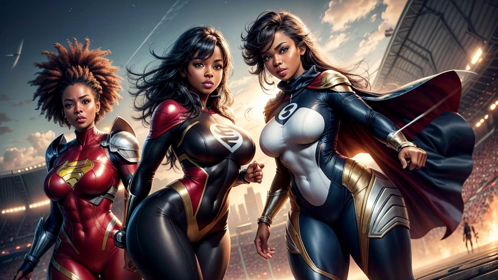 three BBW SUPERHEROINE BLACK GIRLS, 18 anos de idade, wear supergirl sexy, feathers apart, virilha esposta, Genitalia clivagem profunda, cintura exposta, expor pelos pubiano, com decote sexy, cabelos pretos, His eyes are dark and personalidade sensual e sexy, is hurting, seios gigantescos e cheios, flacidos sexy, (clivagem profunda). best quality, Realistic photo, photo corpo inteiro, a lot of sweating.