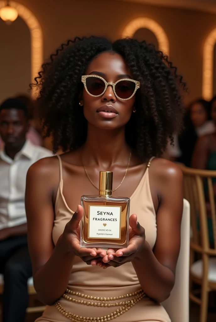 a naked beautiful ebony-skinned woman, holding a perfume bottle, la marca y texto es “LUZ” soft natural lighting, simple blurred background, natural hair and subtle makeup, delicate perfume bottle design, vivid colors, lifelike details, realistic and unpolished, elegant and authentic, (best quality,4k,8k,highres,masterpiece:1.2),ultra-detailed,(realistic,photorealistic,photo-realistic:1.37),portrait,natural setting,warm atmosphere,bokeh background