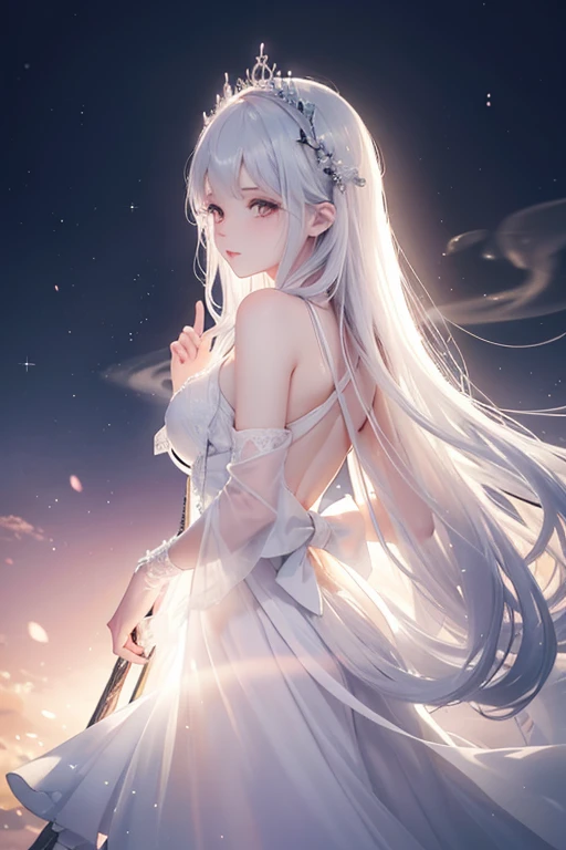 (masterpiece:1.5, Highest quality, Very detailed、 Dutch Angle、Semi-Realistic、Fantasy)(One girl, alone)(White and beautiful hair:1.4,,Straight Long Hair)(White based dress)、((Off the shoulder、Medium Chest、ruby ​​necklace))(from backside,The buttocks are slightly visible、Legs wrapped in tights)(Beautiful starry sky、Mystical Night、Particles of light float around the woman、Fantasy space)
