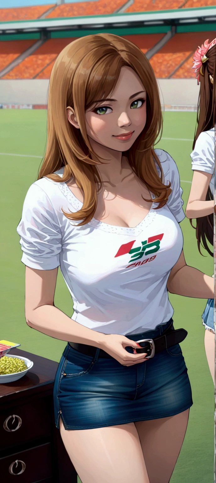 realistic anime illustration of young Thai-American woman, smiling at soccer arena, she has brown long hair with drills (+forehead, multicolored hair, blonde ombre hair), wearing white short sleeve boat neck t-shirt, white top, denim pencil mini skirt with black belt, ((masterpiece:1.2), (best quality:1.2), (very aesthetic:1.2), (absurdres:1.2), (detailed background), intricate details, newest), (1girl, solo, full body), (japanese anime style)