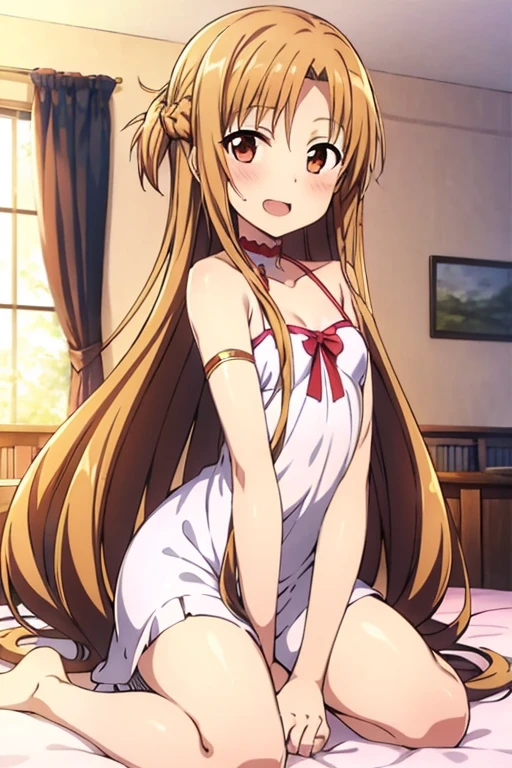 ((Best Quality)), ((masterpiece)), (be familiar with), Perfect Face, indoor, bedroom, Watching the audience,
One woman, Yuuki Asuna,
Open Mouth, Ecstatic expression, blush, smile,
Small breasts, Flat Chest, , , child, Girl,
Long Hair, Long Hair,
Leg spread,