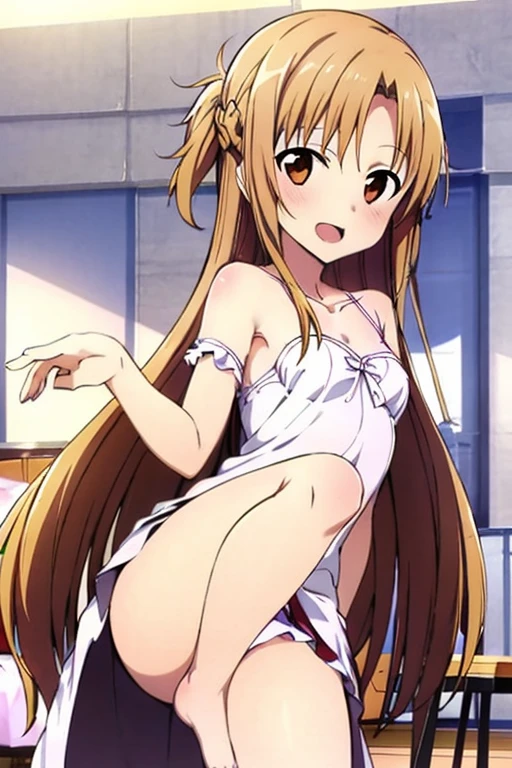 ((Best Quality)), ((masterpiece)), (be familiar with), Perfect Face, indoor, bedroom, Watching the audience,
One woman, Yuuki Asuna,
Open Mouth, Ecstatic expression, blush, smile,
Small breasts, Flat Chest, , , child, Girl,
Long Hair, Long Hair,
Leg spread,