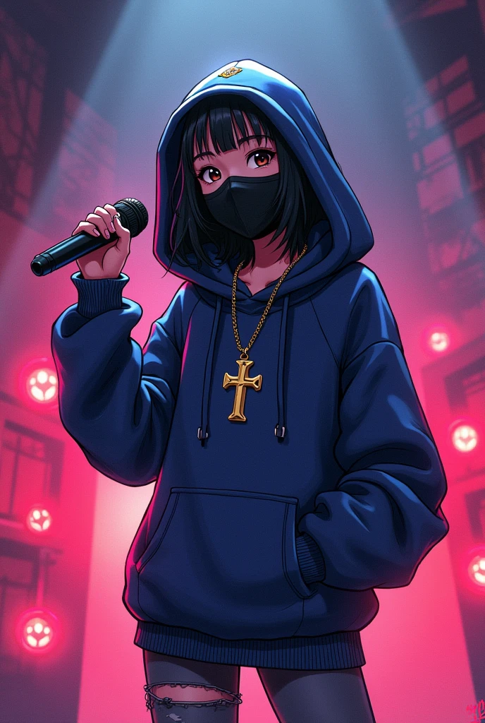 Close-up portrait of a young woman with a rebellious and defiant expression. His face is in the foreground, softly and dimly lit, highlighting her light skin. He wears a black hood that covers most of his head., leaving only his mouth and tongue visible. About the hood, A white cross stands out at the top, contrasting with the dark fabric. the woman has her mouth open, showing a wide, provocative smile while sticking her tongue out, creating a bold and defiant effect. The light is subtle, with soft shadows that add a dramatic touch to the face and hood. The style is hyperrealistic, capturing the details of the fabric texture, Shiny teeth and wet tongue,The hood covers his eyes and nose,only the mouth visible