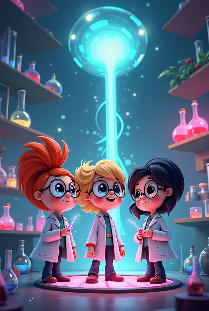 Adult Powerpuff Girls in an experiment lab with experiment materials 