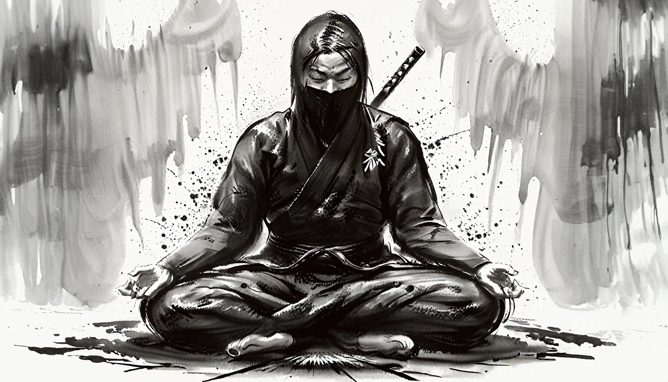 ninja in black outfit meditating, mystic ninja, zen meditation, white background, ink painting, black and white painting, artistic ink splashes on white background, loose brushstrokes, pen outlines with black ink, smooth lines, splash-ink, ink splatter, ink washes, high detail, clean, lots of white space, lots of negative space, minimalism