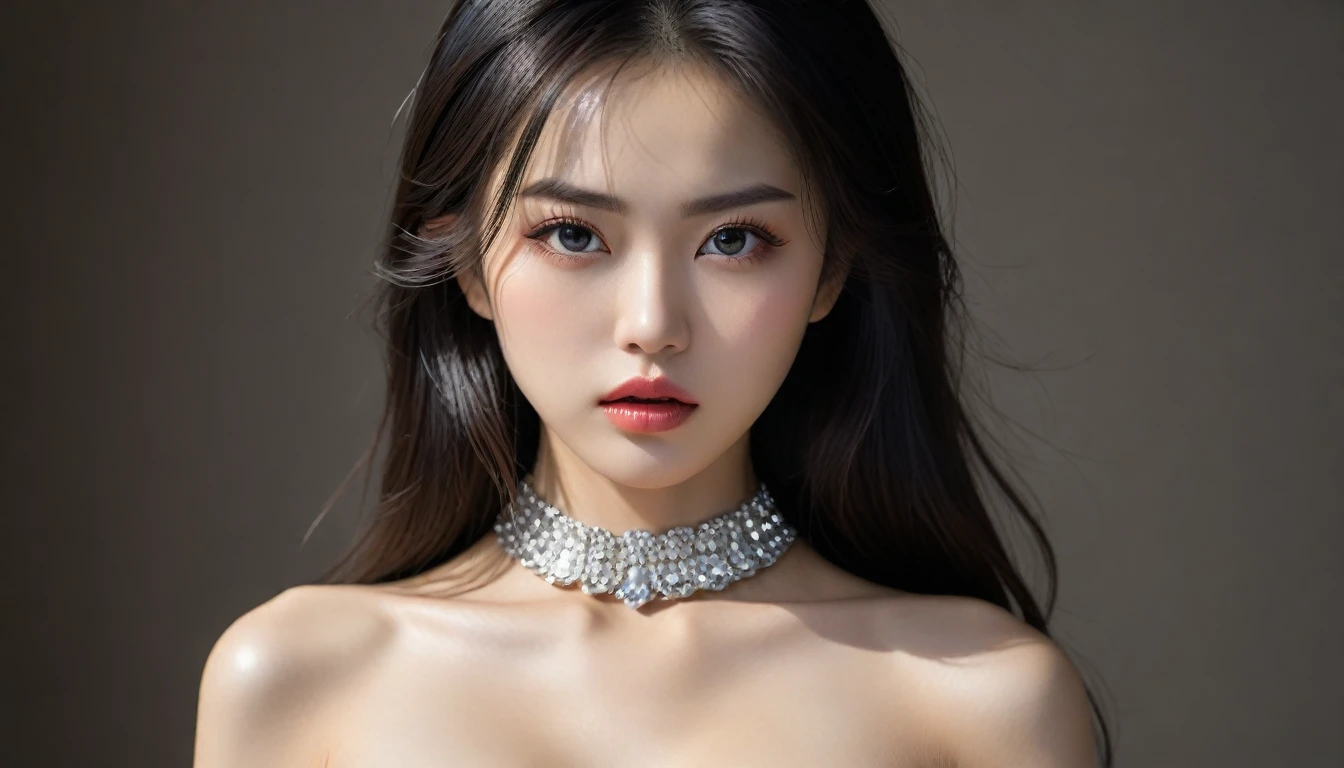 8K, Best Quality, Masterpiece, Ultra High Resolution, (Photorealistic: 1.9), Film, Slim, Raw Photo, 1girl, Off-shoulder, In the Dark, Deep Shadow, Low Stature, Cold Light, Very Beautiful Face, Sexy Expression, Lace, Head-Up, Half-Body in Photo, Thin Eyes