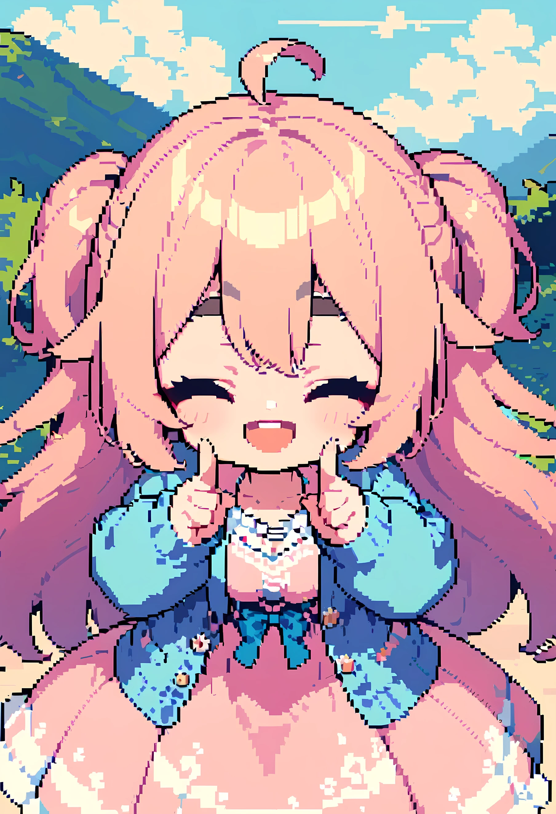 (masterpiece, Best Quality:1.3, 16k, Beautiful and detailed, Pixel Art:0.6, Vivid, woman, 若いwoman, smile, Close your eyes, Pointing the index fingers of both hands:1.45, cute, Open your mouth, Fluffy hair like a cloud, Long Hair, Pink Hair, eyebrow, 太いeyebrow, Pink dress, Blue cardigan)