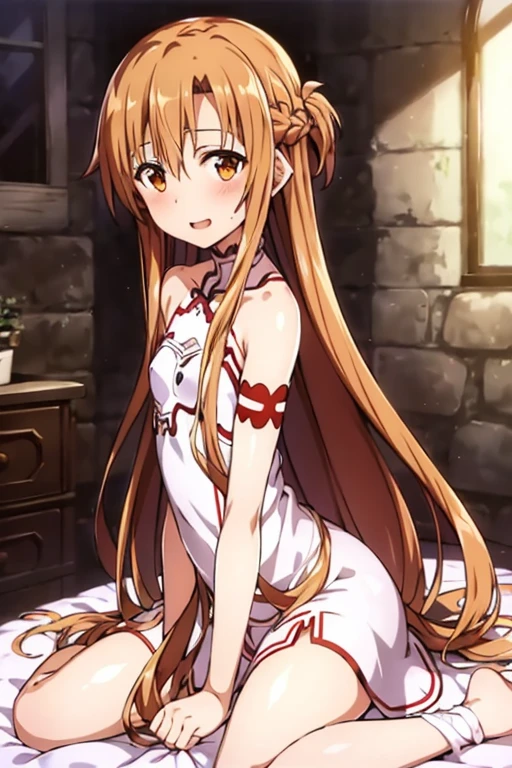 ((Best Quality)), ((masterpiece)), (be familiar with), Perfect Face, indoor, bedroom, Watching the audience,
One woman, Yuuki Asuna,
Open Mouth, Ecstatic expression, blush, smile,
Small breasts, Flat Chest, , , child, Girl,
Long Hair, Long Hair,
Leg spread,