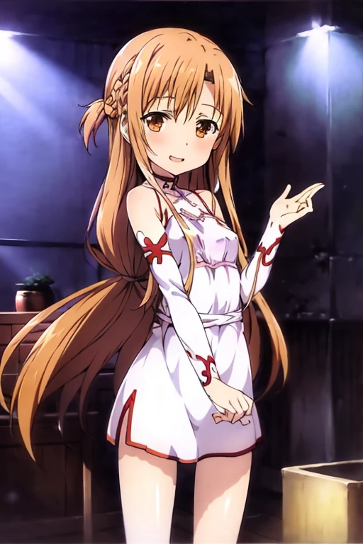 ((Best Quality)), ((masterpiece)), (be familiar with), Perfect Face, indoor, bedroom, Watching the audience,
One woman, Yuuki Asuna,
Open Mouth, Ecstatic expression, blush, smile,
Small breasts, Flat Chest, , , child, Girl,
Long Hair, Long Hair,
Leg spread,