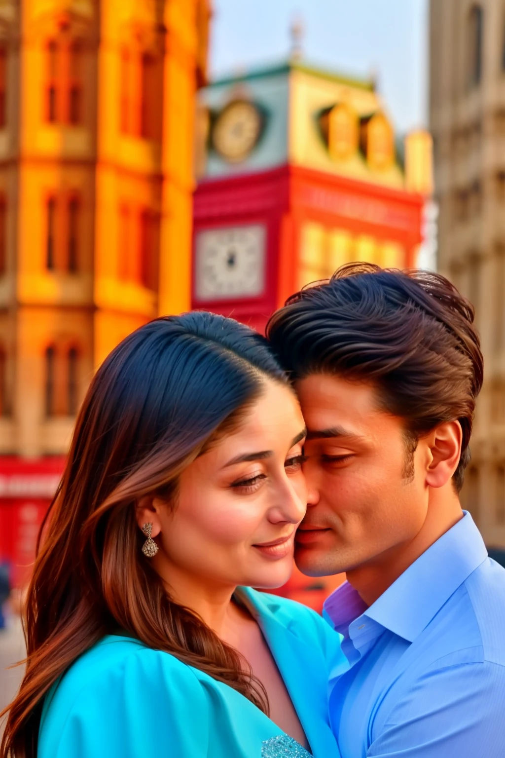 Kareena kapoor with her boyfriend and one man and girl. kareena hugging with her boyfriend . Make hollywood romantic type movie poster. The poster have only four people. They are in london, london bridge, big ben