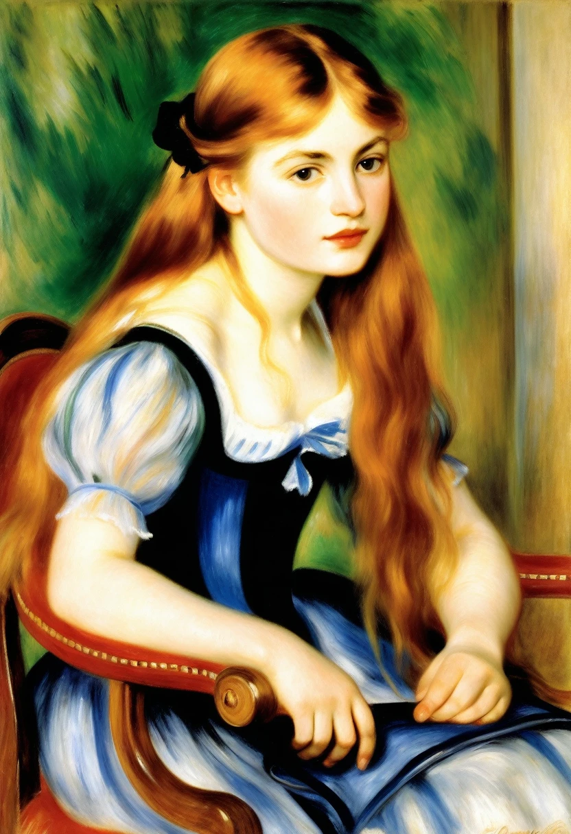 a painting of a young girl with long hair sitting in a chair, by Pierre-Auguste Renoir, by Renoir, by Pierre Roland Renoir, pierre - auguste renoir, in the painting style of renoir, side portrait of a girl, portrait of a young girl, portrait of a red haired girl, portrait young girl, young girl