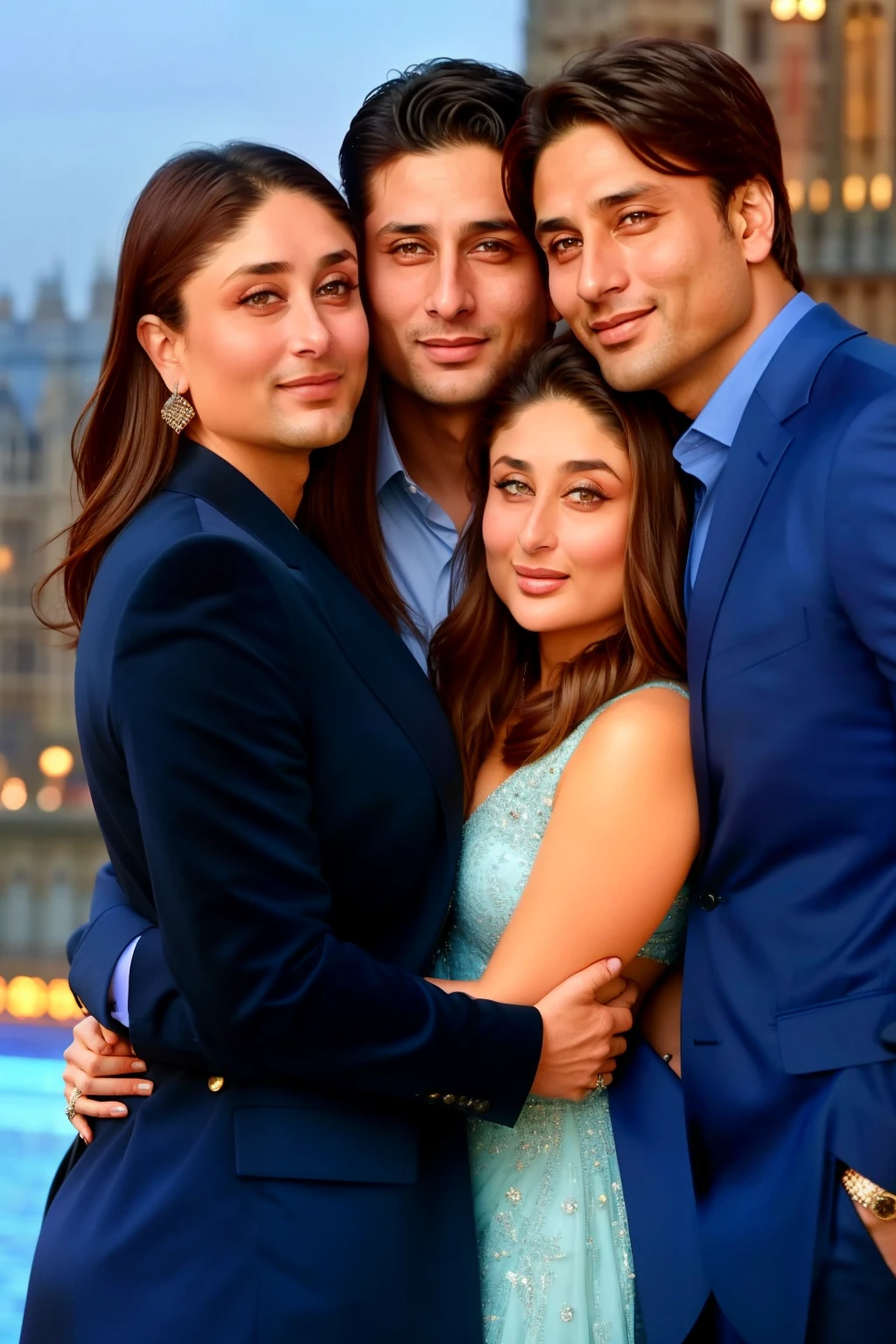 Kareena kapoor with her boyfriend and one man and girl. kareena hugging with her boyfriend . Make hollywood romantic type movie poster. The poster have only four people. They are in london, london bridge, big ben