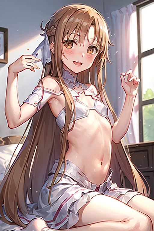 ((Best Quality)), ((masterpiece)), (be familiar with), Perfect Face, indoor, bedroom, Watching the audience,
One woman, Yuuki Asuna,
Open Mouth, Ecstatic expression, blush, smile,
Small breasts, Flat Chest, , , child, Girl,
Long Hair, Long Hair,
Leg spread,