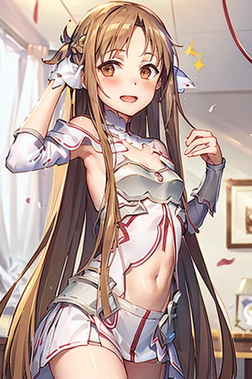 ((Best Quality)), ((masterpiece)), (be familiar with), Perfect Face, indoor, bedroom, Watching the audience,
One woman, Yuuki Asuna,
Open Mouth, Ecstatic expression, blush, smile,
Small breasts, Flat Chest, , , child, Girl,
Long Hair, Long Hair,
Leg spread,