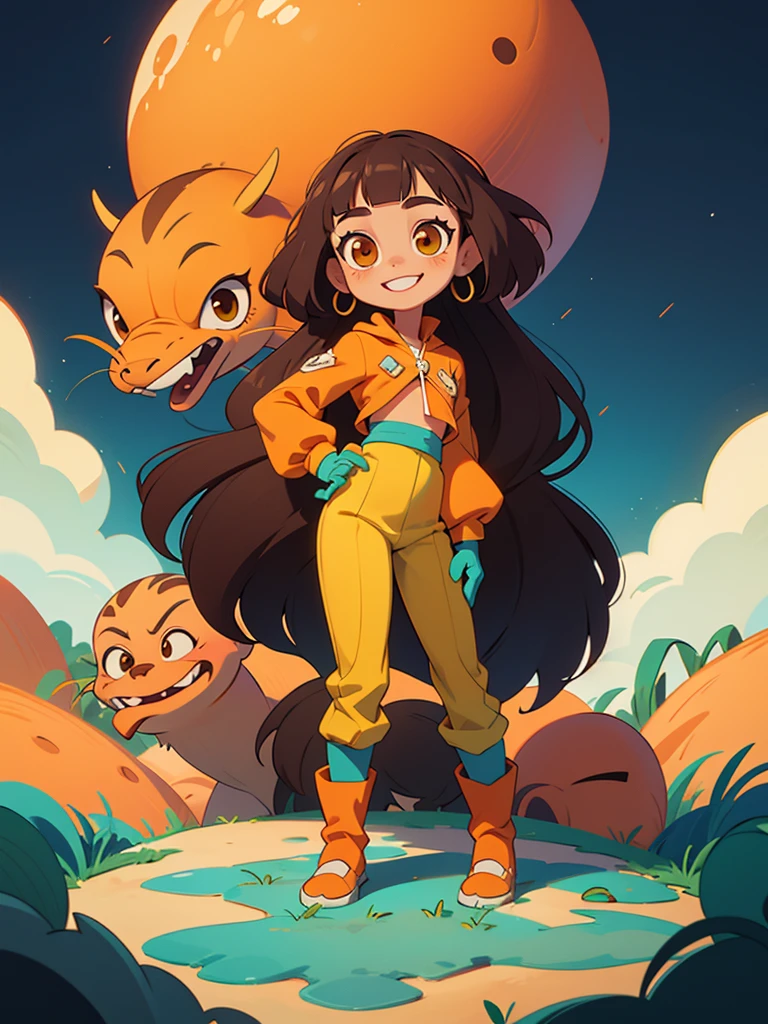 1 child , Alone, high resolution, Long hair, brown hair, pele morena, looking at the viewer, smiling, fringe, yellow eyes, Bottom:desert planet, orange blouse with long sleeves, black gloves, blue wide pants, blue boots, sweetie