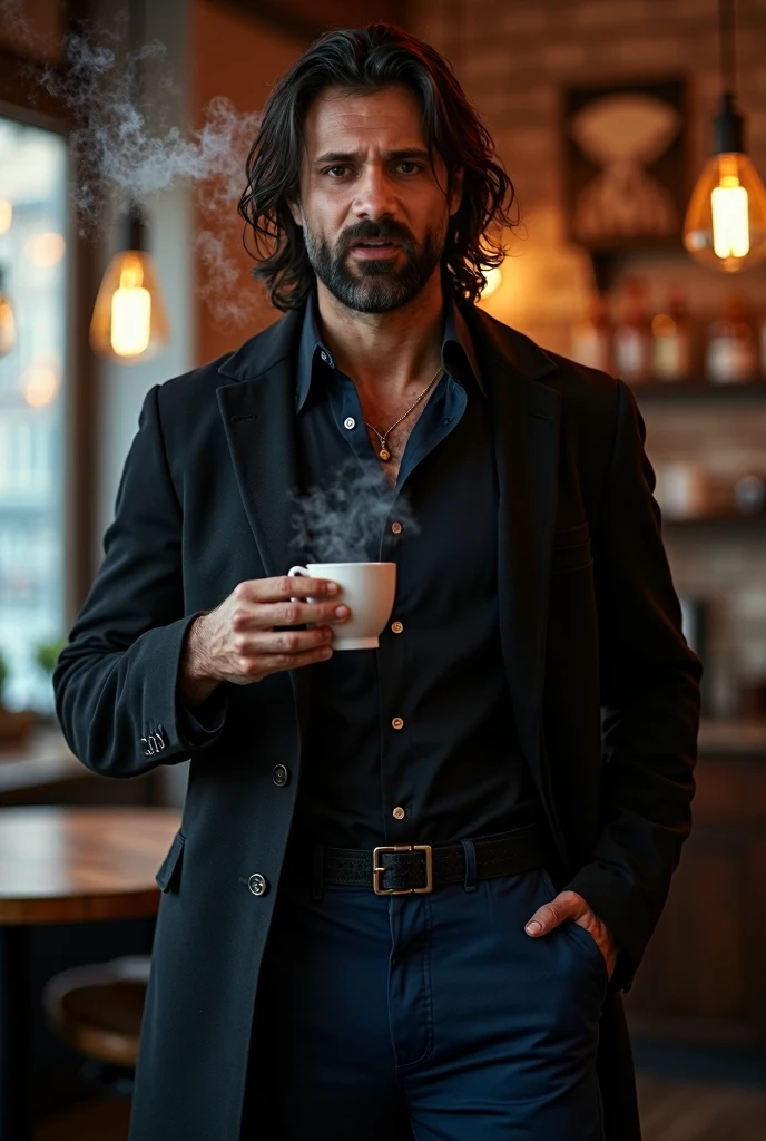A thin man with 1,90 tall , dark-skinned , Bblack hair , thin face , very dark and full eyebrow , noses thin and a little big , fleshy lips , Big black eyes , with a mustache and goatee in a white shirt in a bar drinking