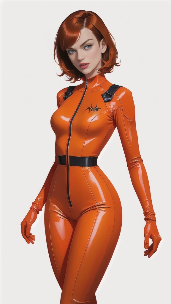 a woman in an orange jumpsuit posing for a picture, milla jovovich, wearing orange prison jumpsuit, leeloo outfit, winona ryder, mila jovovich as spiderwoman, wearing prison jumpsuit, velma, circa 1992, 1999, 1 9 9 9, retro futuristic fashion, uma thurman, sexy,  unzipped jumpsuit, navel, white background