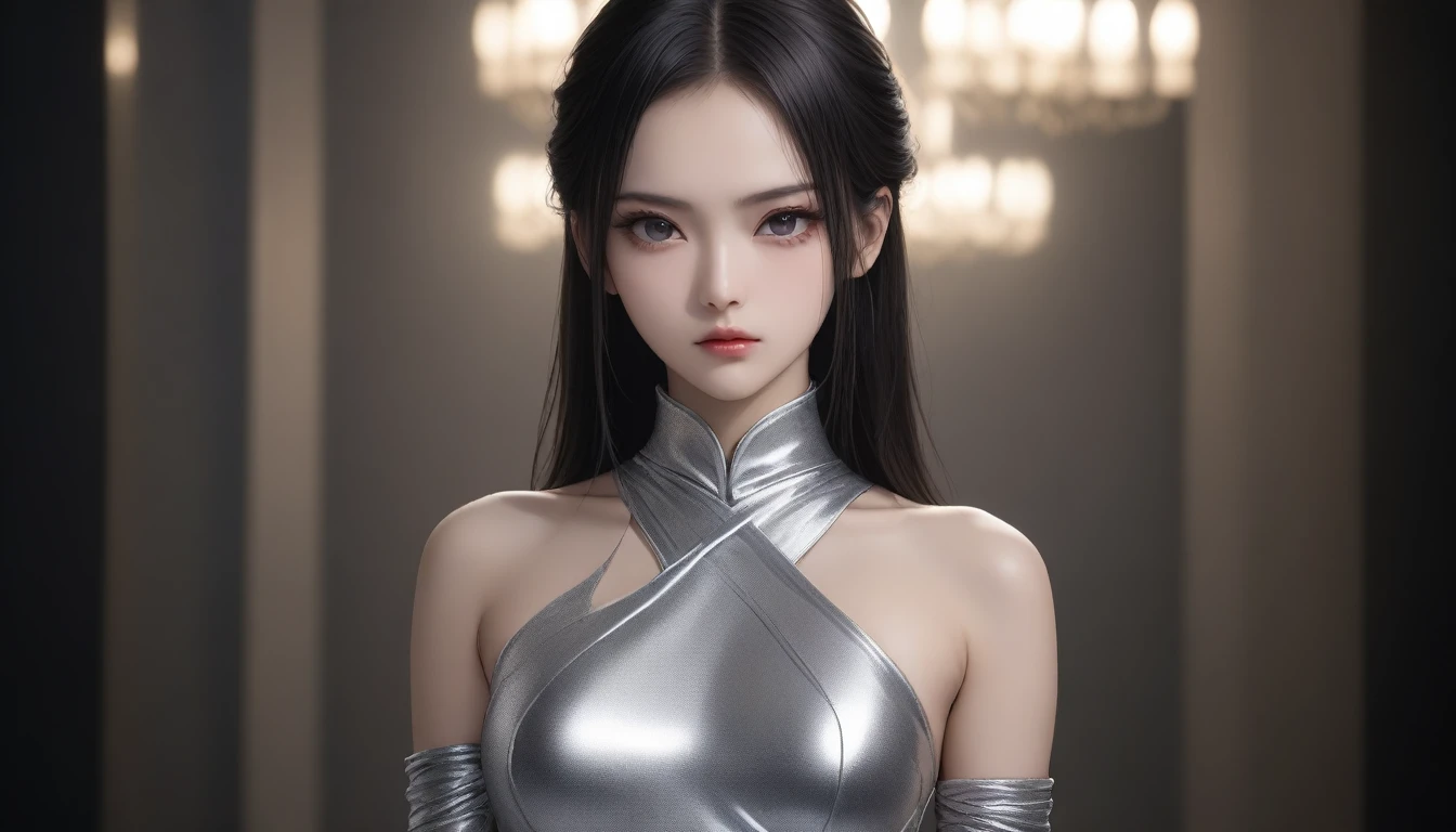 A woman wearing a helmet stands in front of a group of mannequins, Ju Jingyi Cyberpunk Art, Computer Graphics Association, retro-futurism, daz 3d, PS1 Graphics, dystopian art,Black top,Expose fair waist,Costume de mecha,upper part of body,Front view,voluminous hair