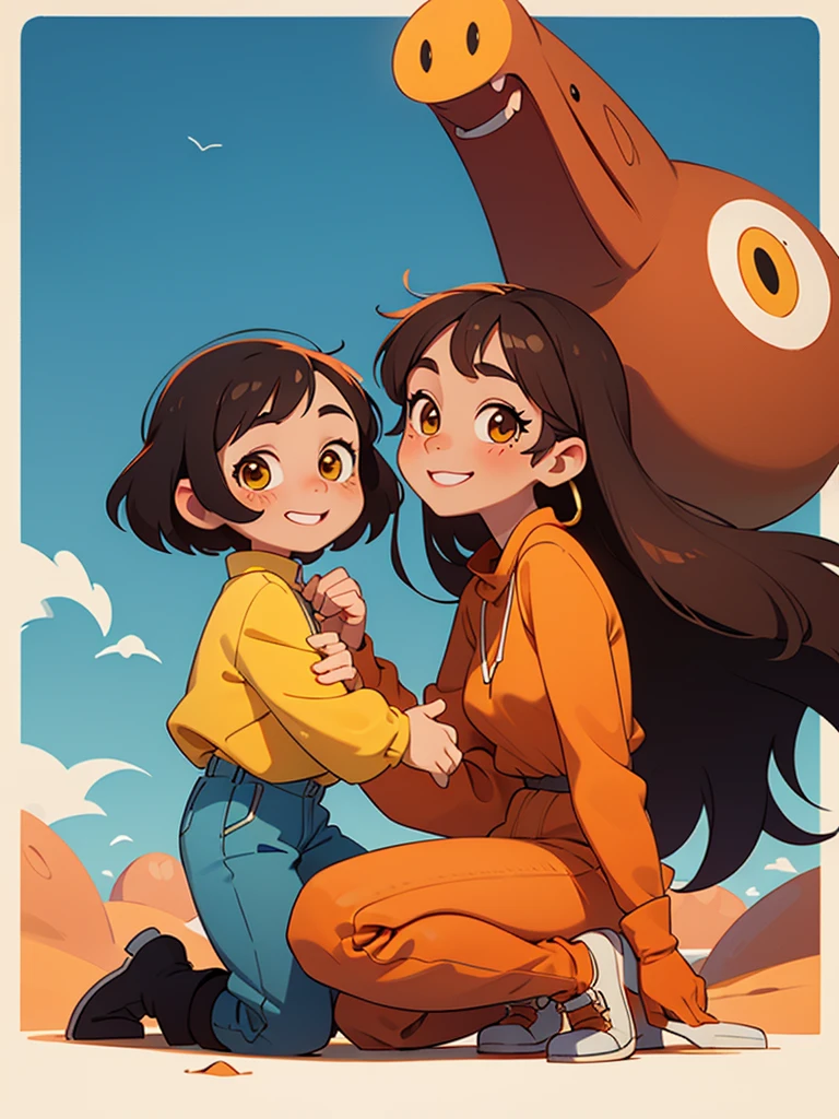 1 child , Alone, high resolution, Long hair, brown hair, pele morena, looking at the viewer, smiling, fringe, yellow eyes, Bottom:desert planet, orange blouse with long sleeves, black gloves, blue wide pants, blue boots, sweetie