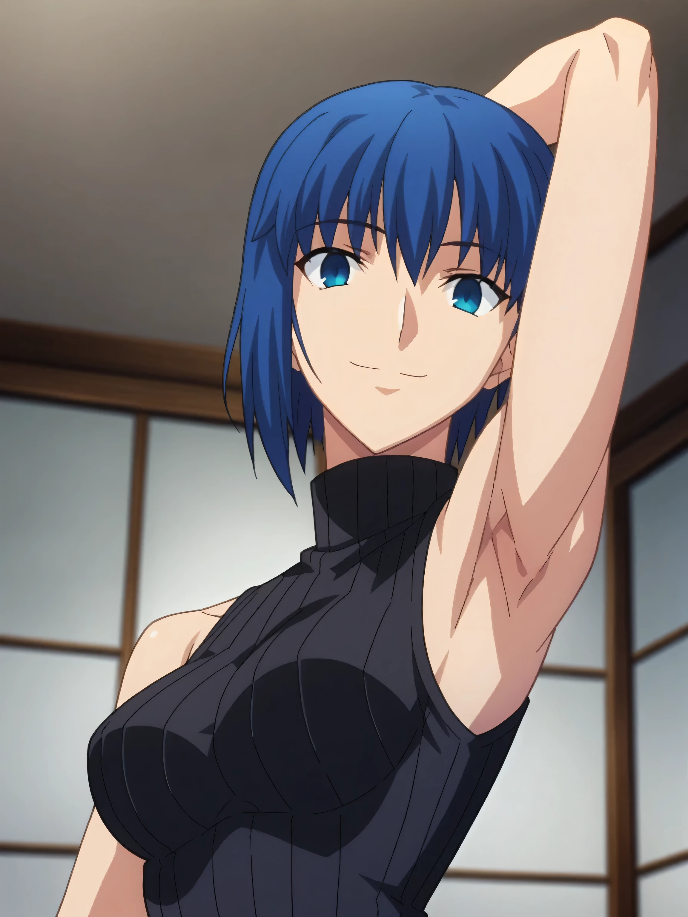 score_9, score_8_up, score_7_up, source_anime, anime screencap, indoors, 1girl, solo, ciel, dark blue hair, sweater, ribbed sweater, ribbed, turtleneck, turtleneck sweater, black sweater, sleeveless sweater, sleeveless, bare shoulders, bare arms, looking at viewer, head towards viewer, smile, closed mouth, arm behind head, from side, from below, fate_go_style