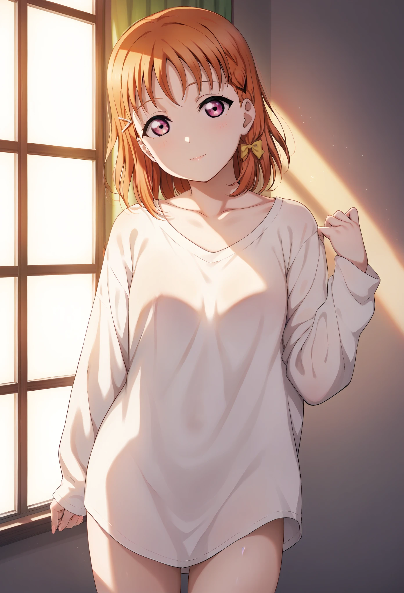 masterpiece, best quality, anime art , takami chika love live , orange hair, medium hair, (pink eyes:1.2), side braid, green hair clip, oversized white shirt, backlight,naked under shirt, buttons, exposed collarbone , very long sleeves,dark room, looking at viewer 