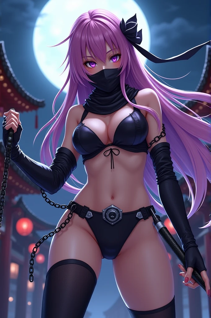 (masterpiece, best quality, cinematic, photorealistic, ultra-detailed), (1girl, female ninja), sexy body, (wide shot, from behind:1.5), perfect hands, wide hips, (bursting breasts:1.3), (round ass), (wearing kunoichi dress, a black ensemble consisting of a tunic, tabi socks, hakama skirts, and arm guards, ninja mask and ninja hood, with purple highlights:1.5), (messy purple hair, brown eyes:1.4), (seductive pose, leaning:1.4), (detailed eyes, detailed pupils), (naked, navel, nude), (night, full moon)
