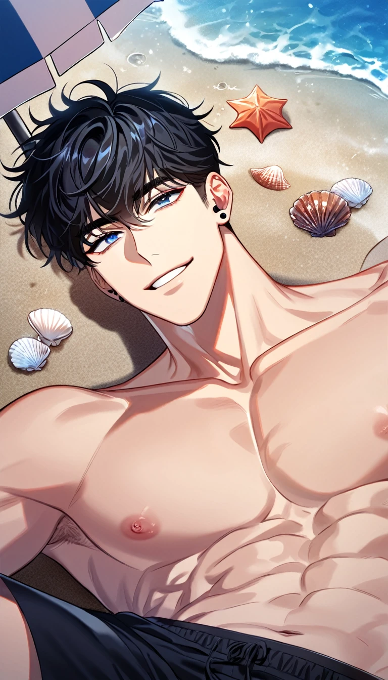 absurdres, highres, ultra detailed, HDR, master piece, best quality, detailed eyes, delicated features, Manhwa Style, Kang Woojin, black hair, messy hair, expressive dark blue eyes, thin eyebrows, Love Jinx, solo, sexy man, handsome, sensual, smile, ear piercings, bare chest, without shirt, toned chest, black swimming trunks, sea, beach, blue sky, seashells, lying under the beach umbrella 