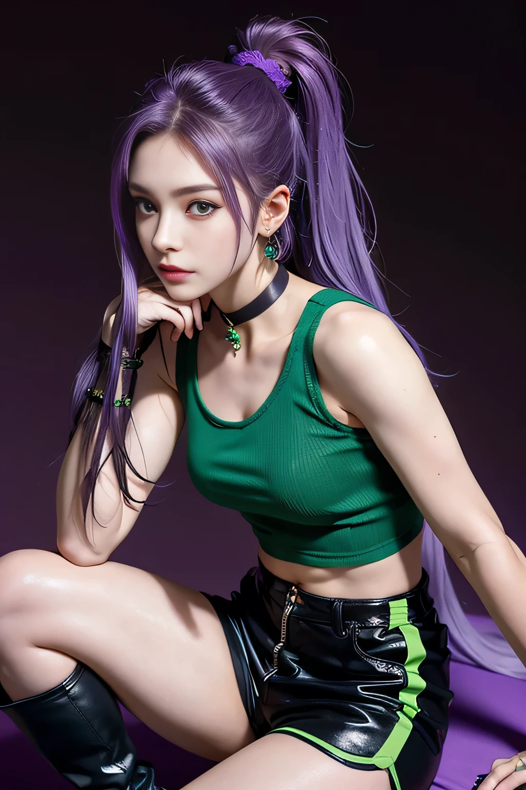 martina,a purple eye, Purple colored hair, Very long hair, pony tails, Hair rings, Green collar, O-ring top, vests, Sleeveless, Waist shawl, Black  shorts, green belt, boots,fcPortrait