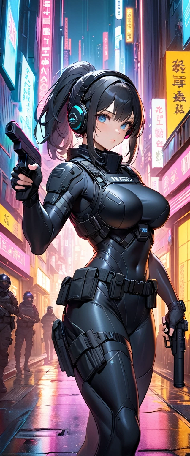 (masterpiece:1.2,Highest quality,Highest quality,Very detailed:1.2),8k,wallpaper,(One Woman),(Future female Japanese SWAT team member),(((pointing pistol:1.6))),(Extremely form fitting black tactical bodysuit),(Tactical Headset),(Tactical Holster),(Tactical Gloves),break(serious),(ponytail),(Black Hair),(Beautiful Face),(Beautiful Eyes),(Beautiful Eyes),(Very detailedな顔),(Very detailed female hand),(muscular),(sexy),(Big Breasts),(Thick thighs),(Beautiful body),(The background is the neon streets of a future city:1.6),(cyber punk:1.6),(((Hand,detailed,perfect,perfection,hands))),(Beautiful female hands),(Accurate hand drawing)
