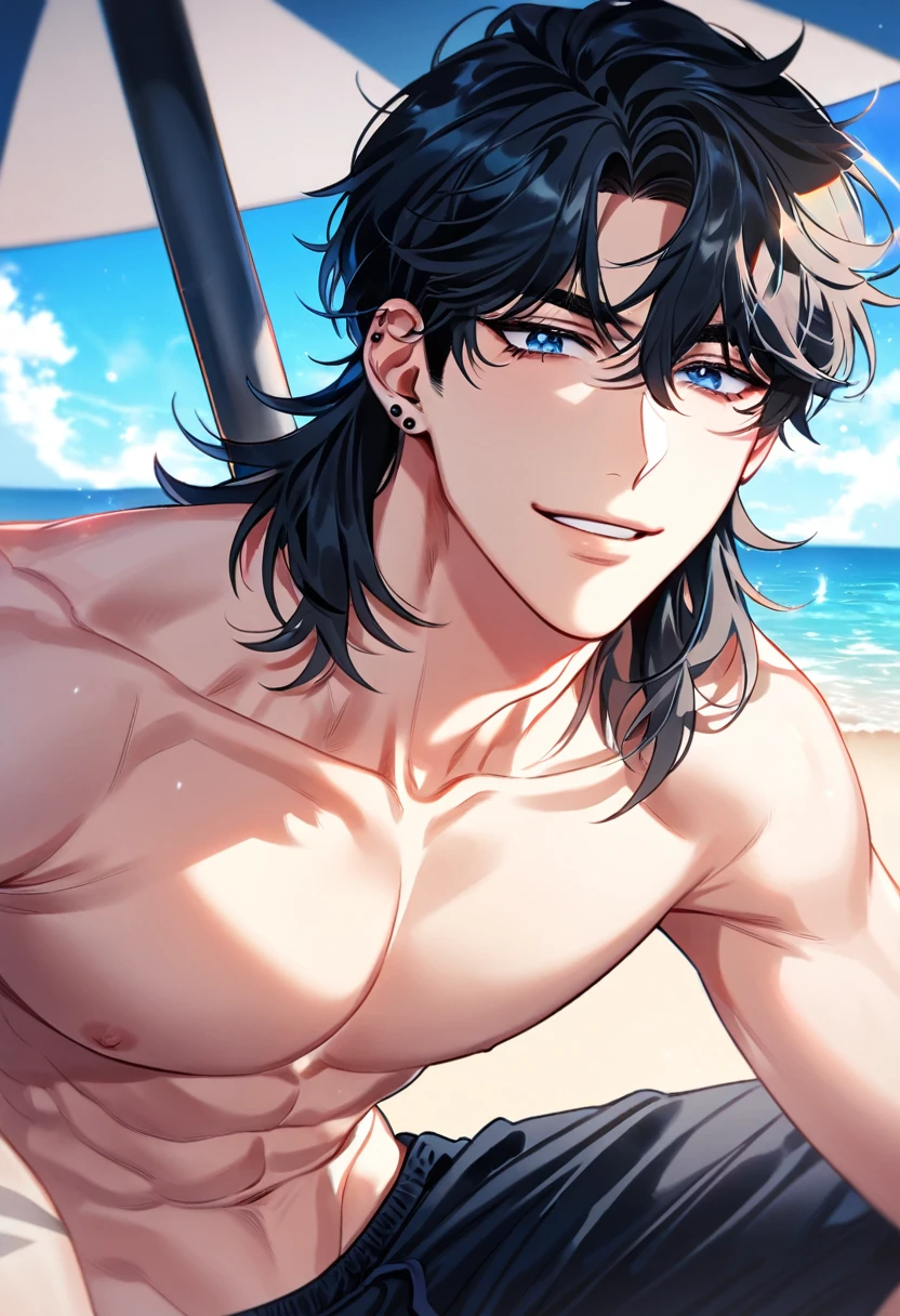 A young man, 22-years-old, solo, Caucasian, masculine face, shaggy tousled black hair, brown eyes, cheerful smile, mouth open, no shirt, shirtless, black swimming trunks, thin silver necklace, small silver earrings, beach, surfboard