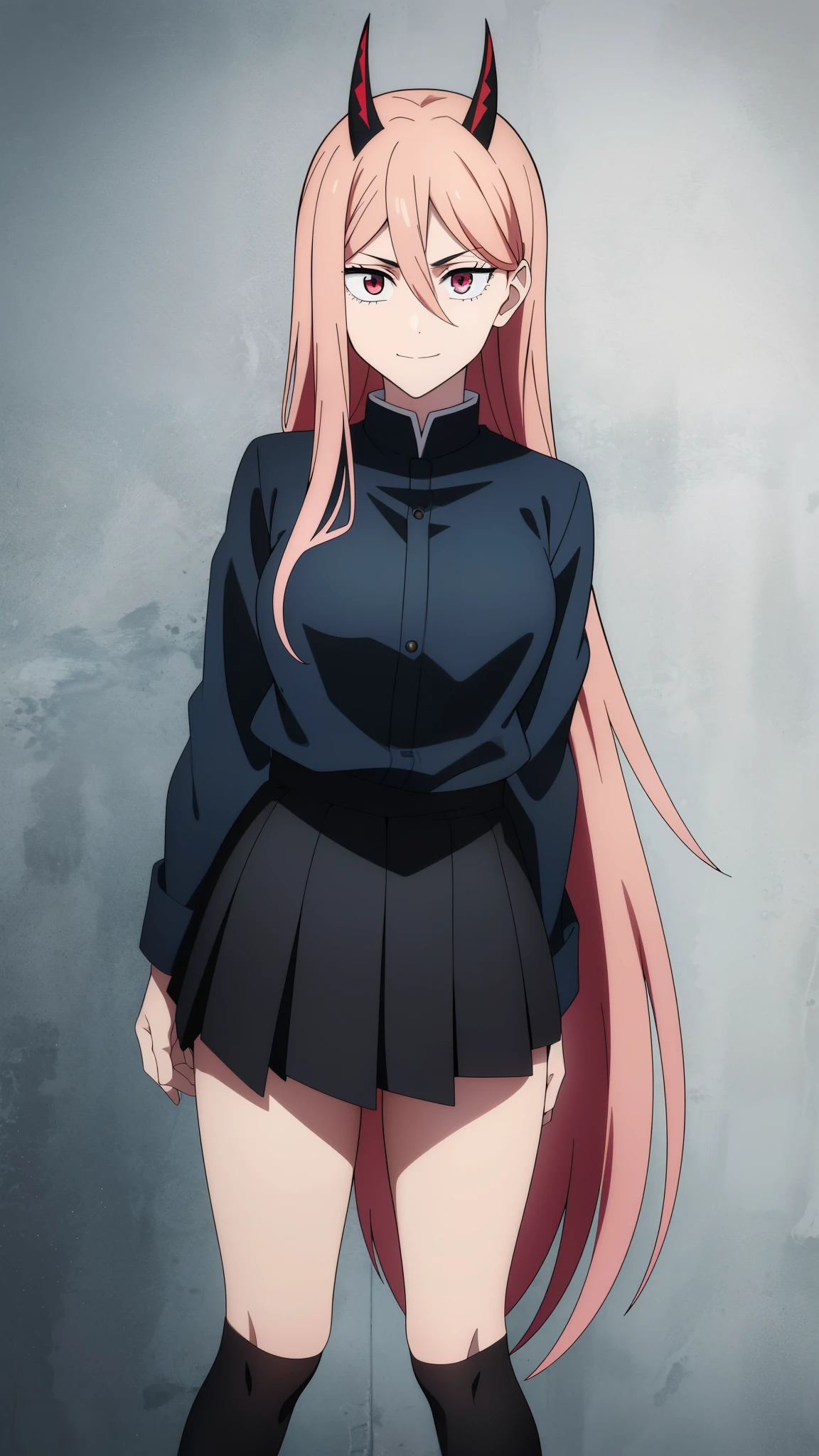 (high-quality, breathtaking),(expressive eyes, perfect face) 1girl, female, solo, teenager, pink hair, yellow and red eye color, long hair length, looking at viewer, half body, bright smile, kind face, cheerful expression, red sharp horns, anime shark teeth, dark black blue long sleeved shirt, collared shirt, ((dark black blue Skirt)), black thigh high socks, absolute territory jujutsu kaisen uniform, jujutsu high school uniform, flowy hair, feminine face, long straight hair, grey background, portrait, stylized hairstyle