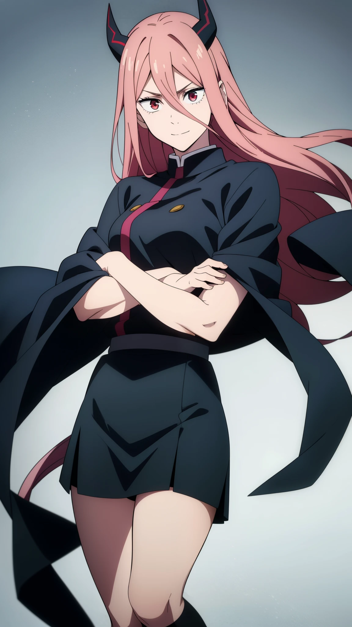 (high-quality, breathtaking),(expressive eyes, perfect face) 1girl, female, solo, ager, pink hair, yellow and red eye color, long hair length, looking at viewer, half body, bright smile, kind face, cheerful expression, red sharp horns, anime shark teeth, dark black blue long sleeved shirt, collared shirt, ((dark black blue Skirt)), black thigh high socks, absolute territory jujutsu kaisen uniform, jujutsu high school uniform, flowy hair, feminine face, long straight hair, grey background, portrait, stylized hairstyle