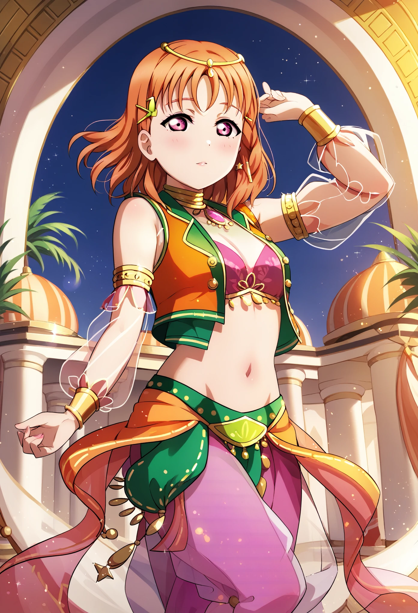 masterpiece, best quality, anime art , takami chika love live , orange hair, medium hair, (pink eyes:1.2), side braid, green hair clip, circlet, open cropped vest, Arabian Dancer ,neck ring, midriff,see-through sleeves, see-through harem pants