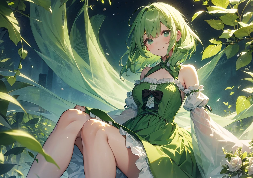 girl with green short hair, green and white royal clothes, green fairy wings, cute girl, leave, royal forest, 8k resolution