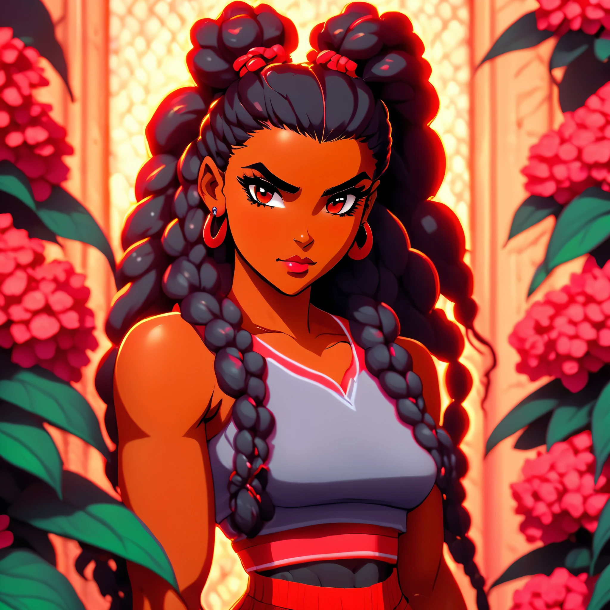 19 year old woman with dark skin, big light brown eyes, feminine and tender features, long hair with african style curls,With curves, seductive latin look in a tight low cut red dress 2d