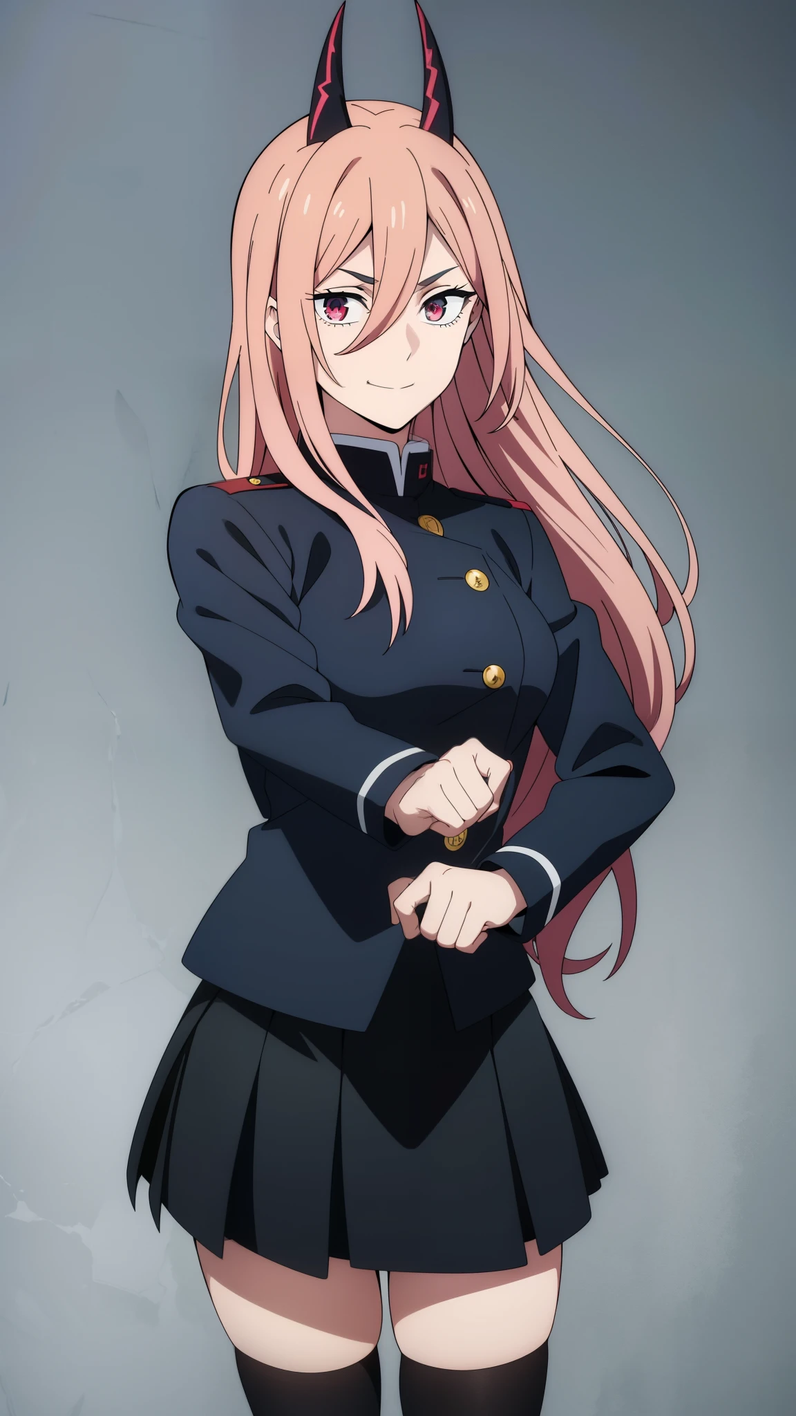 (high-quality, breathtaking),(expressive eyes, perfect face) 1girl, female, solo, teenager, pink hair, yellow and red eye color, long hair length, looking at viewer, half body, bright smile, kind face, cheerful expression, red sharp horns, anime shark teeth, dark black blue long sleeved shirt, collared shirt, ((dark black blue Skirt)), black thigh high socks, absolute territory jujutsu kaisen uniform, jujutsu high school uniform, flowy hair, feminine face, long straight hair, grey background, portrait, stylized hairstyle