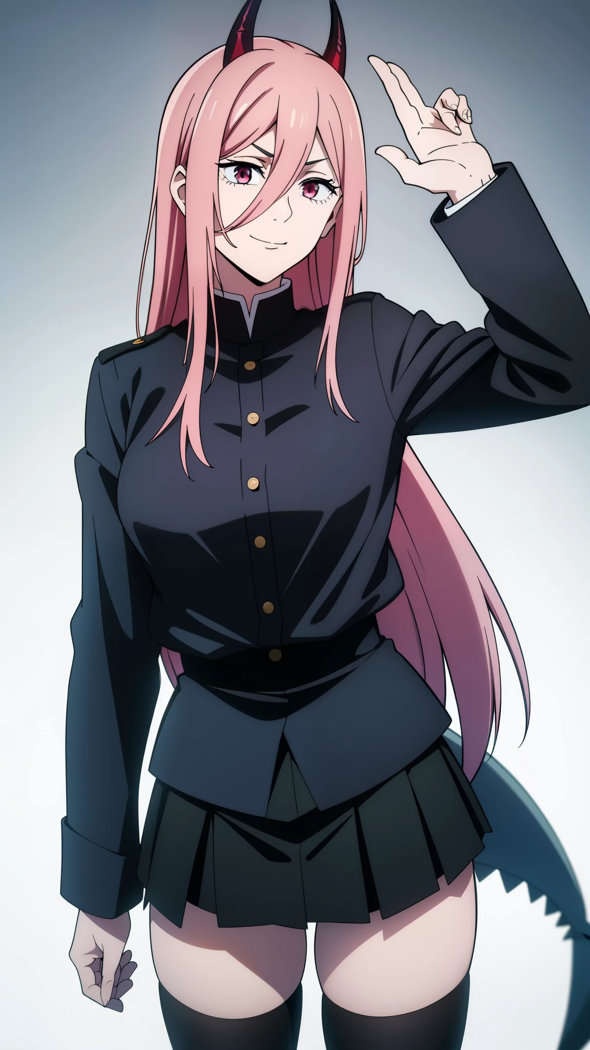 (high-quality, breathtaking),(expressive eyes, perfect face) 1girl, female, solo, teenager, pink hair, yellow and red eye color, long hair length, looking at viewer, half body, bright smile, kind face, cheerful expression, red sharp horns, anime shark teeth, dark black blue long sleeved shirt, collared shirt, ((dark black blue Skirt)), black thigh high socks, absolute territory jujutsu kaisen uniform, jujutsu high school uniform, flowy hair, feminine face, long straight hair, grey background, portrait, stylized hairstyle