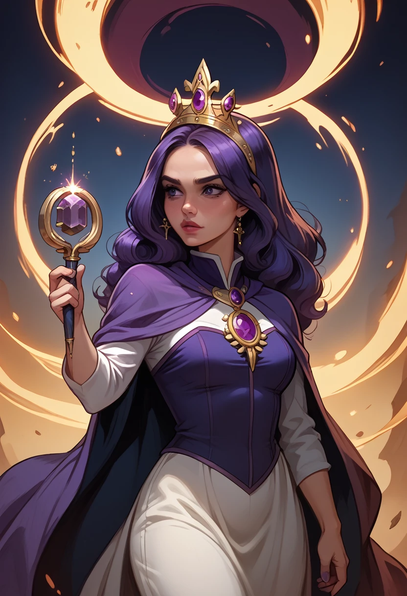 A sorceress of ancient magic with an aura of swirling purple and gold. Her gown is a deep amethyst with golden runes and arcane symbols woven into the fabric. The gown has a high collar and flowing cape that billows like smoke. She wears a crown of twisted dark metal and holds a wand topped with a glowing purple gem. Her eyes have a mystical glow, hinting at her deep knowledge of magic.