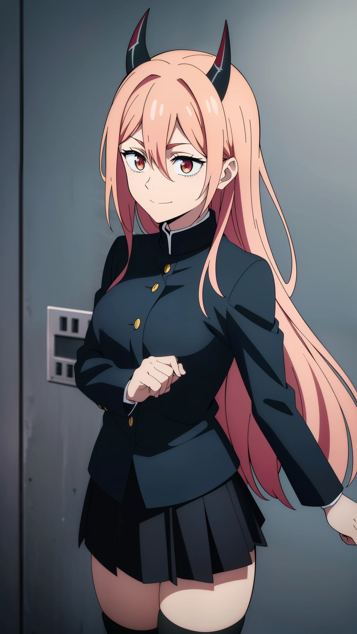 (high-quality, breathtaking),(expressive eyes, perfect face) 1girl, female, solo, ager, pink hair, yellow and red eye color, long hair length, looking at viewer, half body, bright smile, kind face, cheerful expression, red sharp horns, anime shark teeth, dark black blue long sleeved shirt, collared shirt, ((dark black blue Skirt)), black thigh high socks, absolute territory jujutsu kaisen uniform, jujutsu high school uniform, flowy hair, feminine face, long straight hair, grey background, portrait, stylized hairstyle