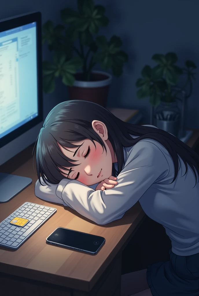 There was a woman sleeping on a table with a laptop, woman very tired, head is up, in front of a computer, working in an office, tired half closed, taken on a 2010s camera, Sleepy expression, Shot on Canon EOS R 6, Tired expression, very accurate photo, sitting in front of the computer, Frustrated