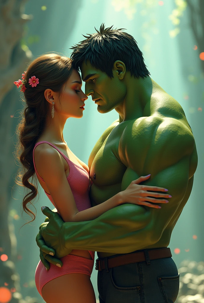 Hulk is kneeling on a river bridge and proposing to a beautiful lady with flowers in his hand.