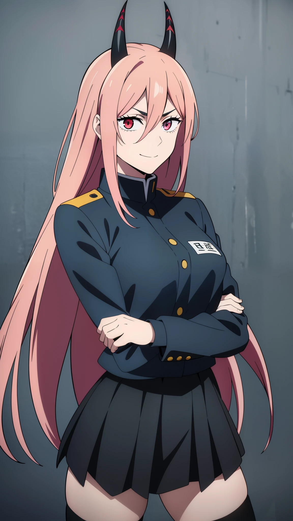 (high-quality, breathtaking),(expressive eyes, perfect face) 1girl, female, solo, teenager, pink hair, yellow and red eye color, long hair length, looking at viewer, half body, bright smile, kind face, cheerful expression, red sharp horns, anime shark teeth, dark black blue long sleeved shirt, collared shirt, ((dark black blue Skirt)), black thigh high socks, absolute territory jujutsu kaisen uniform, jujutsu high school uniform, flowy hair, feminine face, long straight hair, grey background, portrait, stylized hairstyle